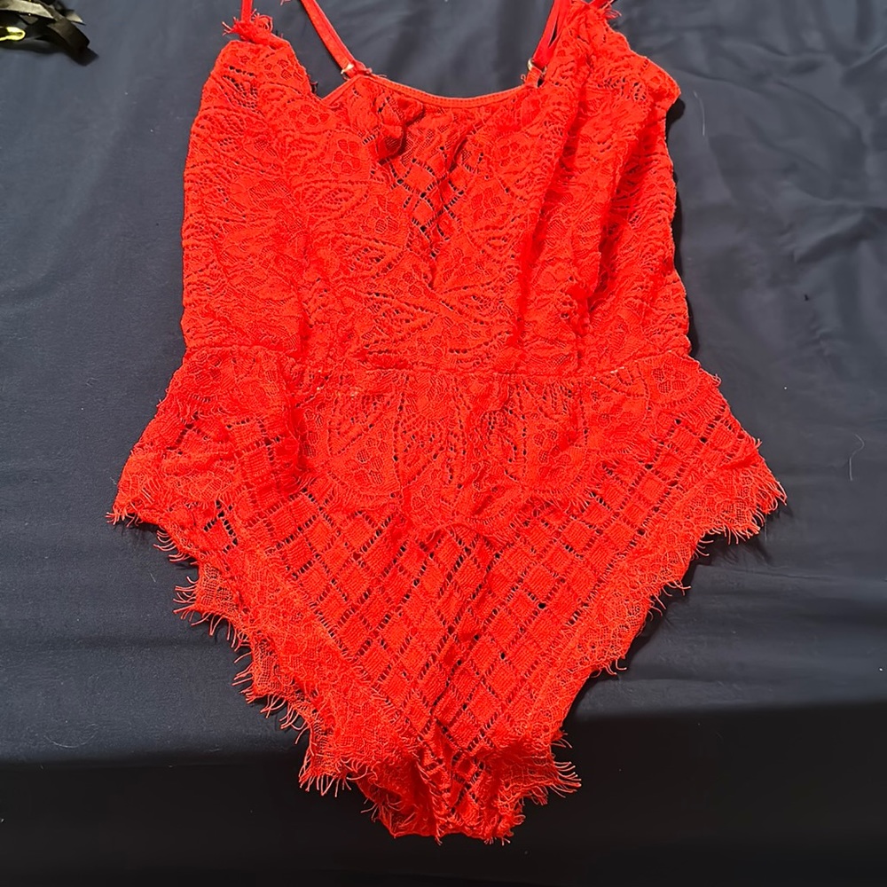 Red lace lingerie romper